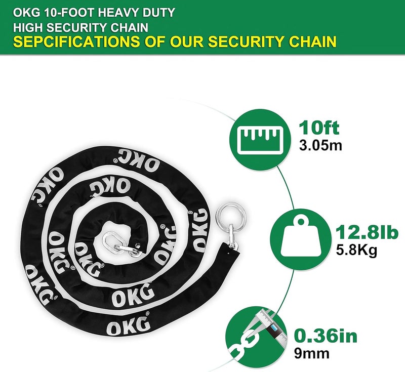 OKG Extra Long Security Chain - 10-Foot x 3/8" Thick Heavy Duty, Eco-Zinc Plated - Uncuttable for Outdoor & Indoor Use - Bike & Motorcycle Lock Chain - For Two+ 2-Wheeled Vehicles - Image 2